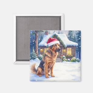 Hanoverian Scenthound Snowy Forest Cabin Santa Hat Magnet
