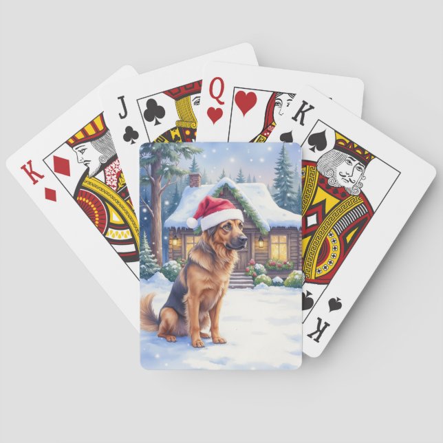 Hanoverian Scenthound Snowy Forest Cabin Santa Hat Playing Cards (Back)