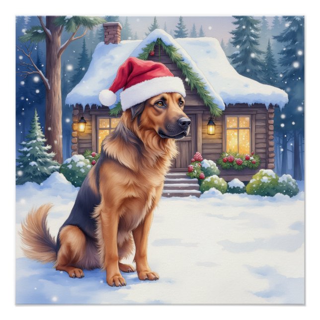 Hanoverian Scenthound Snowy Forest Cabin Santa Hat Poster (Front)