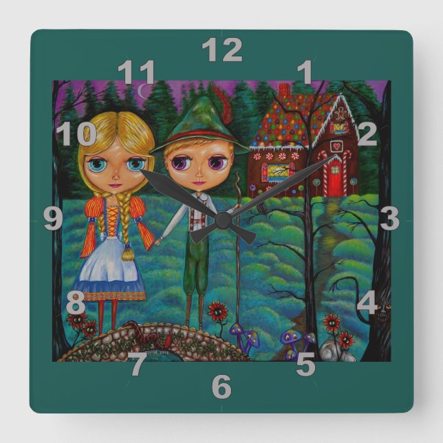 Hansel and Gretel Dolls Cute Gingerbread House Square Wall Clock (Front)