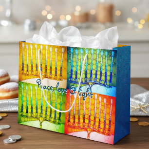 Hanukkah 4 Colourful Menorahs Peace Love Light  Large Gift Bag