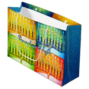 Hanukkah 4 Colourful Menorahs Peace Love Light Large Gift Bag
