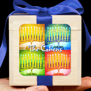 Hanukkah 4 Menorah Yellow Blue Green Red Bold Name Square Sticker