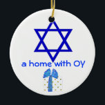 Hanukkah and Christmas Holidays Ceramic Tree Decoration<br><div class="desc">A cute holiday decoration with a sense of humour makes a fun gift for homes combining faiths - Jewish and Christian, Hanukkah and Christmas. The Star of David side says we've got OY and the Santa Claus side says we've got JOY. Coordinating gift wrapped packages have red and blue foil...</div>