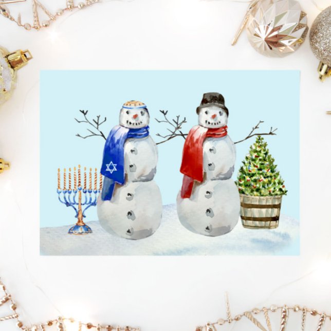 Hanukkah and Christmas Snowman Watercolor Holiday Card (Creator Uploaded)