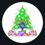Hanukkah and Christmas Sticker<br><div class="desc">Christmas and Hanukkah holiday gifts and apparel for families who celebrate both holidays features a Christmas Tree,  Jewish Star and Chanukah menorah. Happy Holidays From Bonfire Designs!</div>