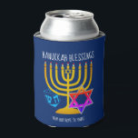Hanukkah Blessings<br><div class="desc">Modern, stylish HANUKKAH BLESSINGS can cooler, designed with large menorah (hanukkiyah) at the centre, and blue dreidel and colourful Star of David on either side. Text reads HANUKKAH BLESSINGS and FROM OUR HOME TO YOURS. Both of these are CUSTOMIZABLE so you can customise with your own message, add your name...</div>