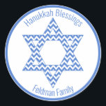 Hanukkah Blessings - Blue Chevron Star of David Classic Round Sticker<br><div class="desc">NewParkLane - Elegant wrapping paper,  with a blue chevron patterned Star of David,  and 'Hanukkah Blessings'! Add your own Family name or other personal wishes in the easy to use text template. All text styles and colours can be altered.

Check out this collection for matching items.</div>