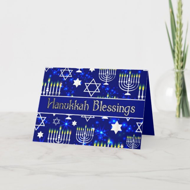 Hanukkah Blessings Menorah Blue & Silver Holiday Card (Front)