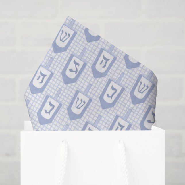 Hanukkah Blue and White Dreidel Pattern on Gingham Tissue Paper (Gift Bag)