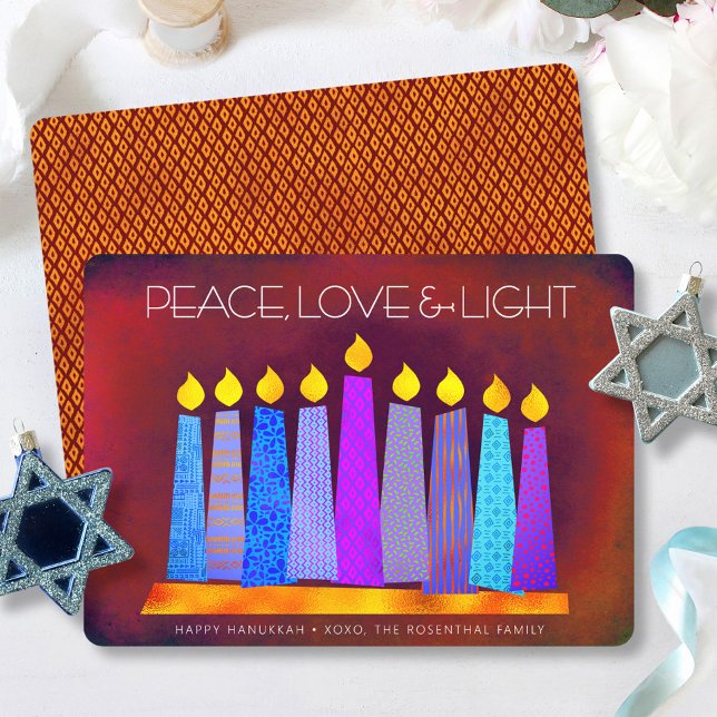 Hanukkah Blue Boho Candles on Red Peace Love Light Holiday Card (Creator Uploaded)