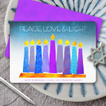 Hanukkah Blue Boho Candles Turquoise Peace Love Holiday Card<br><div class="desc">“Peace, love & light.” A playful, modern, artsy illustration of boho pattern candles in a menorah helps you usher in the holiday of Hanukkah. Assorted blue candles with colourful faux foil patterns overlay a turquoise gradient to white textured background. Faux hot pink purple pattern foil on a cornflower blue background...</div>