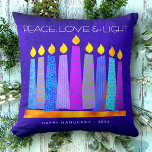 Hanukkah Blue Boho Pattern Candle Peace Love Light Cushion<br><div class="desc">“Peace, love & light.” A playful, modern, artsy illustration of boho pattern candles in a menorah helps you usher in the holiday of Hanukkah. Assorted blue candles with colourful faux foil patterns overlay a rich, deep blue textured background. Faux hot pink purple pattern foil on a cornflower blue background for...</div>