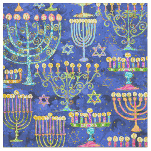 Hanukkah Blue Gold Menorah Star of David Pattern Fabric
