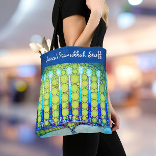 Hanukkah Blue Green Menorah Custom Name Trendy Tote Bag