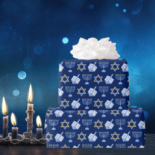 Hanukkah Blue Menorah Dreidel Pattern Chanukah Wrapping Paper