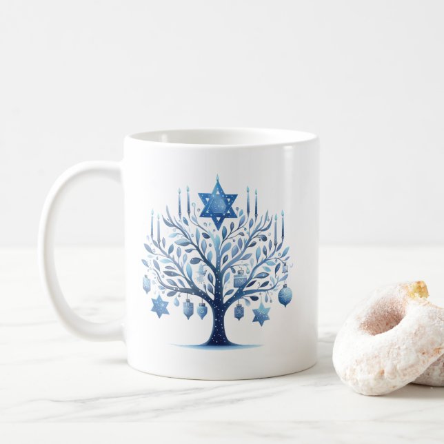 Hanukkah Blue Menorah Tree Star of David Coffee Mug (With Donut)
