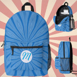 Hanukkah Blue Sunburst Monogram White Circle Printed Backpack<br><div class="desc">Hanukkah blue sunburst fractal with monogram backpack. A circle of white squiggly squares holds the initial to personalise your computer generated digital art. Great for back to school, day hike, or just being out and about. Thoughtful gift, anytime.</div>