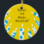 Hanukkah Blue/Yellow Candles Ornament<br><div class="desc">Hanukkah Blue/Yellow Candles Ornament.
Personalise each side by deleting existing text and adding your own with your favourite font style,  colour and size. Happy Hanukkah! Thanks for shopping and stopping by!</div>