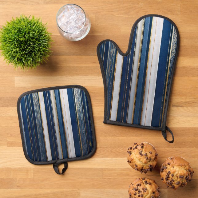 Hanukkah Blues Stripes Blue White Gold Oven Mitt & Pot Holder Set (Top Down)