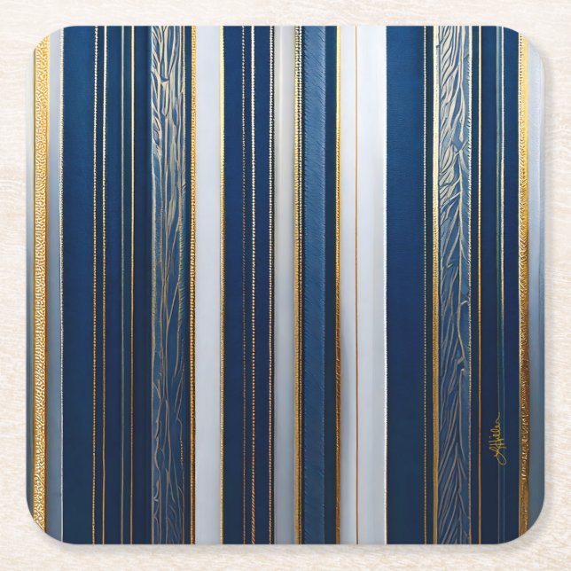 Hanukkah Blues Stripes Blue White Gold Square Paper Coaster (Front)