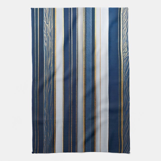 Hanukkah Blues Stripes Blue White Gold Tea Towel (Vertical)