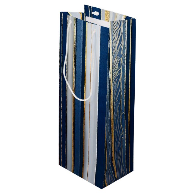 Hanukkah Blues Stripes Blue White Gold Wine Gift Bag (Front Angled)