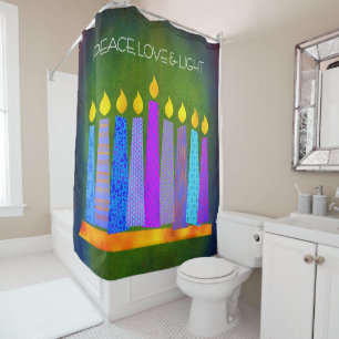 Hanukkah Boho Blue Candles Green Peace Love Light Shower Curtain