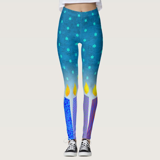 Hanukkah Boho Candles Turquoise Star of David Teal Leggings (Front)