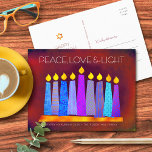 Hanukkah Boho Pattern Candles Red Peace Love Light Holiday Postcard<br><div class="desc">“Peace, love & light.” A playful, modern, artsy illustration of boho pattern candles in a menorah helps you usher in the holiday of Hanukkah. Assorted blue candles with colourful faux foil patterns overlay a rich deep brick red orange textured background. On the back, type in your personal copy using the...</div>