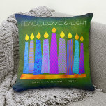 Hanukkah Bold Blue Candles Green Peace Love Light<br><div class="desc">“Peace, love & light.” A playful, modern, artsy illustration of boho pattern candles in a menorah helps you usher in the holiday of Hanukkah. Assorted blue candles with colourful faux foil patterns overlay a rich, deep green textured background. Faux copper pattern foil on a rich dark green background for the...</div>
