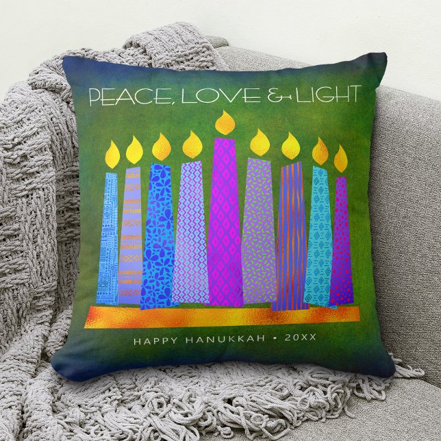 Hanukkah Bold Blue Candles Green Peace Love Light Cushion (Creator Uploaded)