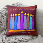 Hanukkah Bold Blue Candles on Red Peace Love Light<br><div class="desc">“Peace, love & light.” A playful, modern, artsy illustration of boho pattern candles in a menorah helps you usher in the holiday of Hanukkah. Assorted blue candles with colourful faux foil patterns overlay a rich, deep burnt red orange textured background. Faux copper pattern foil on a brick red background for...</div>