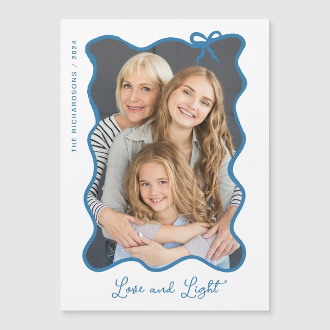 Hanukkah Bow | Blue and White Photo Hanukkah Card (Front)