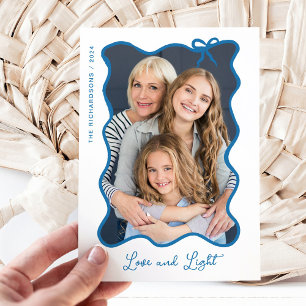 Hanukkah Bow   Wavy Blue and White Photo Frame Holiday Card