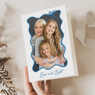 Hanukkah Bow   Wavy Blue and White Photo Frame Holiday Card