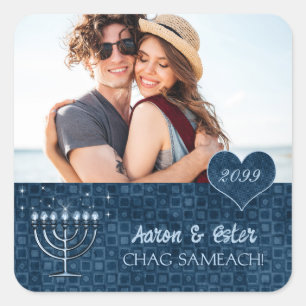Hanukkah Bright Custom Year Blue Menorah Photo Square Sticker