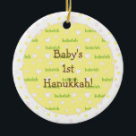 Hanukkah "Bubeleh" Pink/Green Circle Ornament<br><div class="desc">Hanukkah "Bubeleh"Pink/Green Circle Ornament. (2 sided) Personalise by deleting "Baby's 1st Hanukkah" on front and back of ornament. Then using your favourite font colour, size and style, type in your own words. Thanks for stopping and shopping by. Much appreciated! Happy Chanukah/Hanukkah! Bring a lot more holiday cheer to your tree...</div>