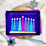 Hanukkah Candles Peace Love Light Blue Real Gold<br><div class="desc">“Peace, love & light.” A playful, modern, artsy illustration of boho pattern candles in a menorah helps you usher in the holiday of Hanukkah. Assorted blue candles with colourful real gold foil patterns, real gold foil flames and menorah, overlay a rich, deep blue textured background. Faux hot pink purple diamond...</div>