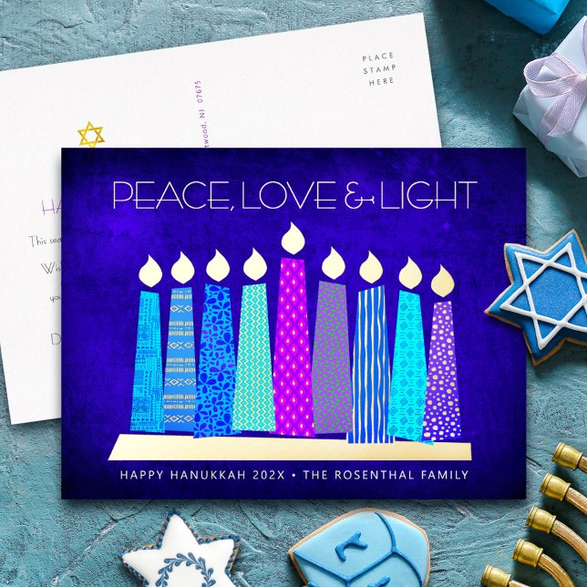 Hanukkah Candles Peace Love Light Blue Real Gold Foil Holiday Postcard (Creator Uploaded)