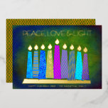 Hanukkah Candles Peace Love Light Green Real Gold<br><div class="desc">“Peace, love & light.” A playful, modern, artsy illustration of boho pattern candles in a menorah helps you usher in the holiday of Hanukkah. Assorted blue candles with colourful real gold foil patterns, real gold foil flames and menorah, overlay a rich deep green textured background. Faux copper diamond pattern foil...</div>