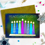 Hanukkah Candles Peace Love Light Green Real Gold<br><div class="desc">“Peace, love & light.” A playful, modern, artsy illustration of boho pattern candles in a menorah helps you usher in the holiday of Hanukkah. Assorted blue candles with colourful real gold foil patterns, real gold foil flames and menorah, overlay a rich deep green textured background. Faux copper diamond pattern foil...</div>