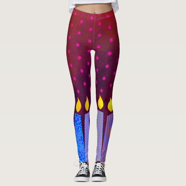 Hanukkah Candles Pink Star of David Pattern on Red Leggings (Front)