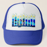 Hanukkah Candles with Gold Star of David Trucker Hat<br><div class="desc">Festive Hanukkah candles featuring wood grain textures and a gold Star of David.  The colour scheme is various shades of blue,  with black,  white,  yellow,  and gold accents.

You can personalise this design with a monogram or name.  © Copyright 2019 P.D.,  Holiday Planet.  All rights reserved.</div>