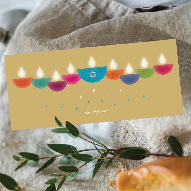 Hanukkah Card | Colourful Oil Lamp Menorah | Gold (Creator Uploaded)