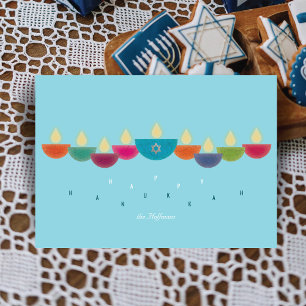 Hanukkah Card Colourful Oil Lamp Menorah Sky Blu