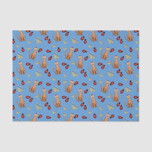 Hanukkah Cat Dreidel Blue Wrap Gift Paper (Front)