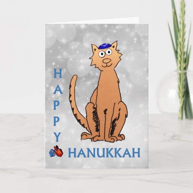 Hanukkah Cat Dreidel Silver Holiday Card (Front)
