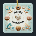 Hanukkah Ceramic Ornament<br><div class="desc">Hanukkah Ceramic Ornament with quote on back
Jewish festival,  lasting eight days from the 25th day of Kislev (in December) and commemorating the rededication of the Temple in 165 BC by the Maccabees after its desecration by the Syrians. It is marked by the successive kindling of eight lights.</div>