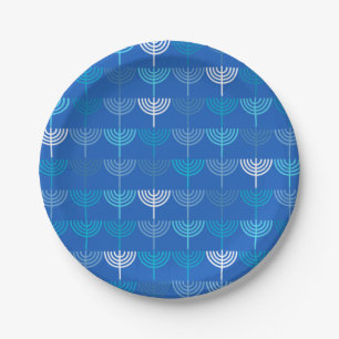 Hanukkah Chanukah Chanukkiah Menorah Pattern Blue Paper Plate